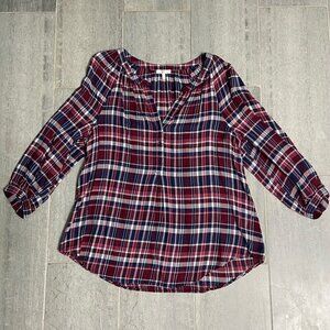 Joie Long Sleeve Cotton Tunic Style 3/4 Sleeves Top Plaid Red Blue Size Large